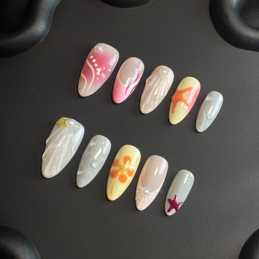 Shell And Starfish Almond White Ombre Nails