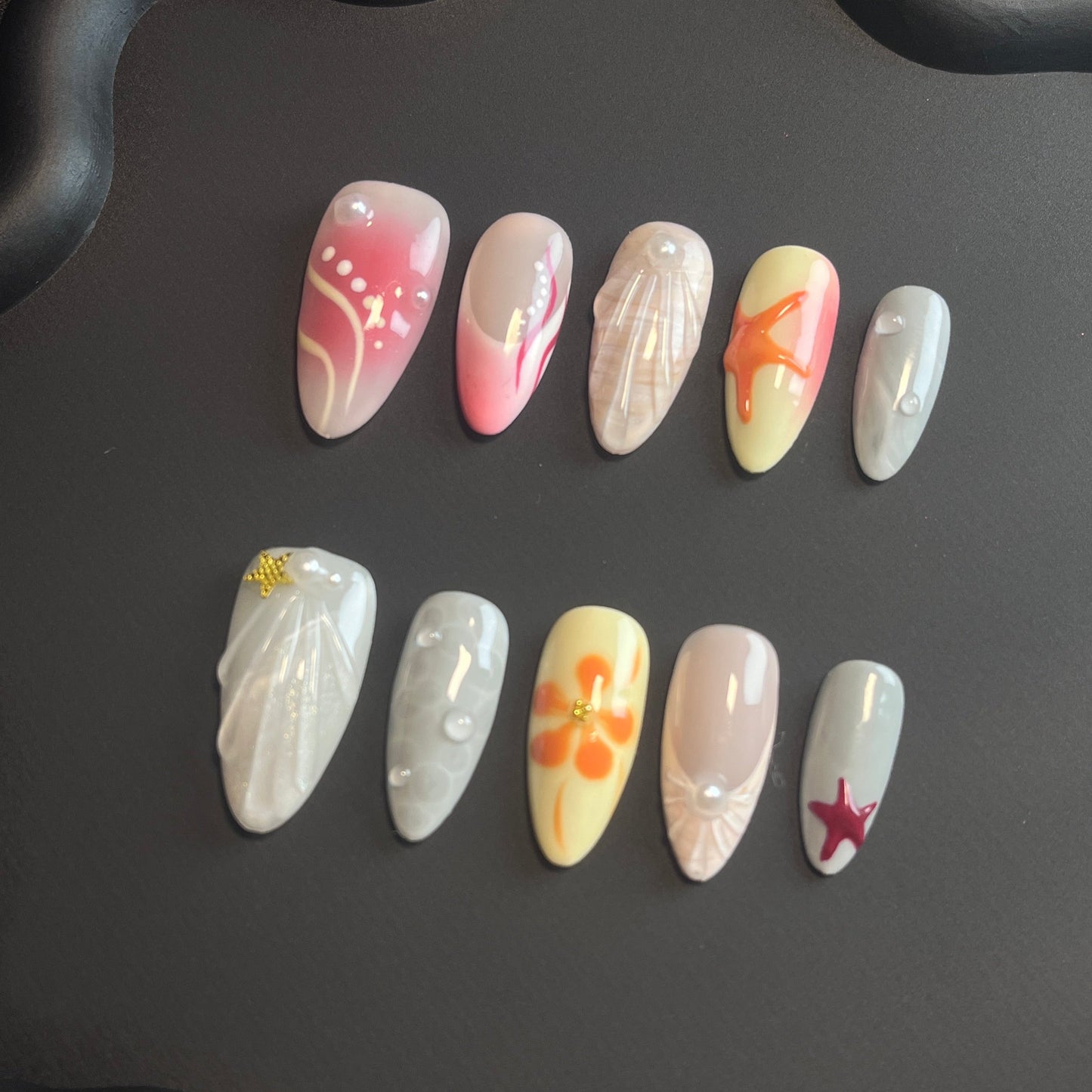 Shell And Starfish Almond White Ombre Nails