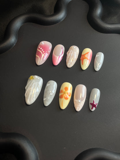 Shell And Starfish Almond White Ombre Nails