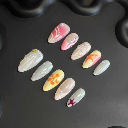 Shell And Starfish Almond White Ombre Nails