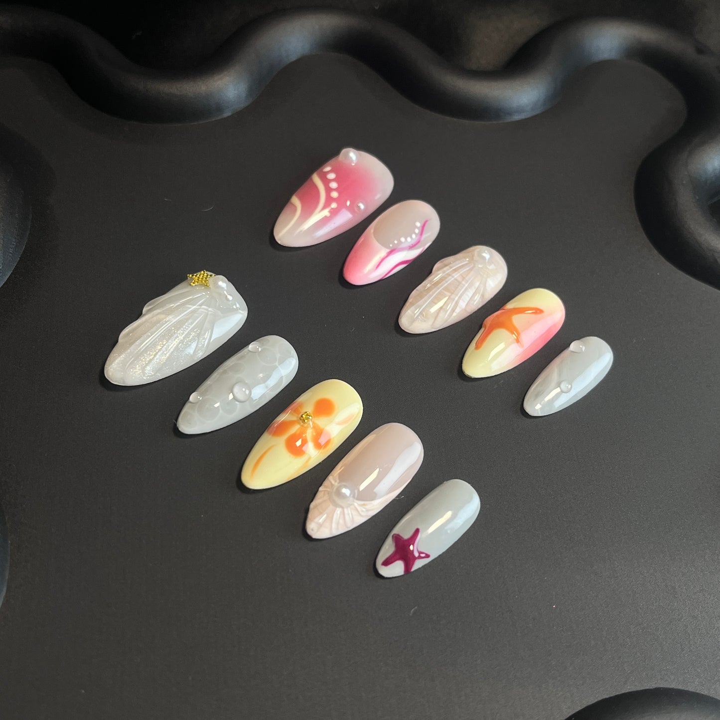 Shell And Starfish Almond White Ombre Nails