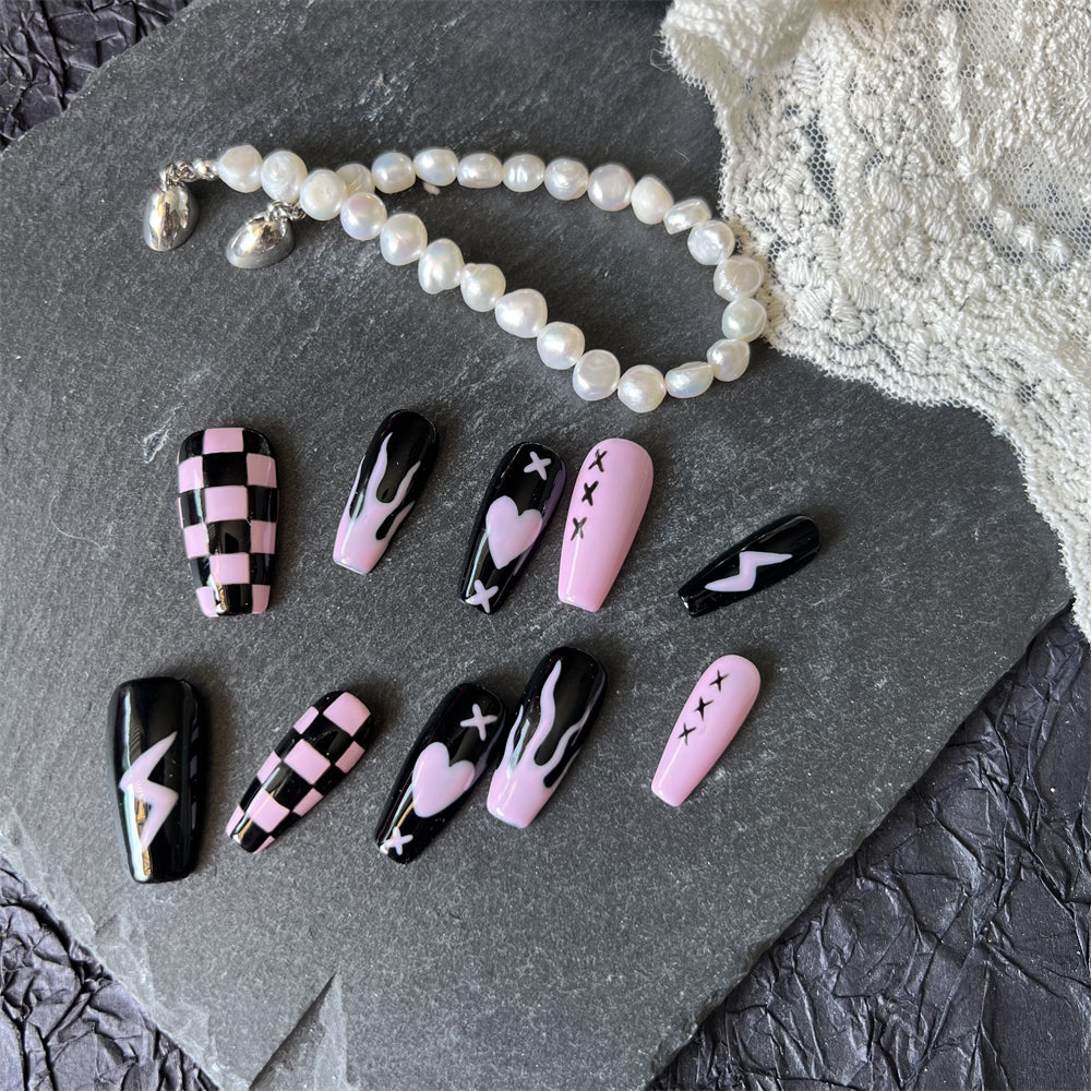 Pink and Black Halloween Nails Checkerboard Design