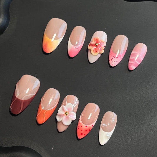 Plumeria 3D Almond Pink Ombre Nails