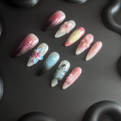 3D Jelly Flower Almond Pink Ombre Nails