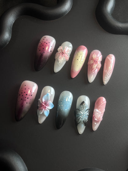 3D Jelly Flower Almond Pink Ombre Nails