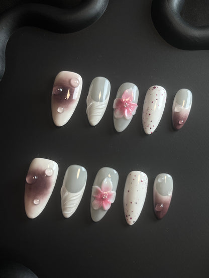 3D Flowe Almond Brown Ombre Nails