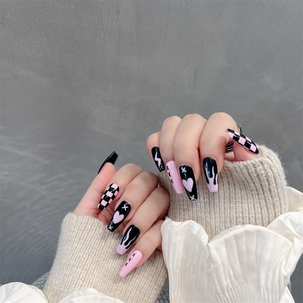 Pink and Black Halloween Nails Checkerboard Design