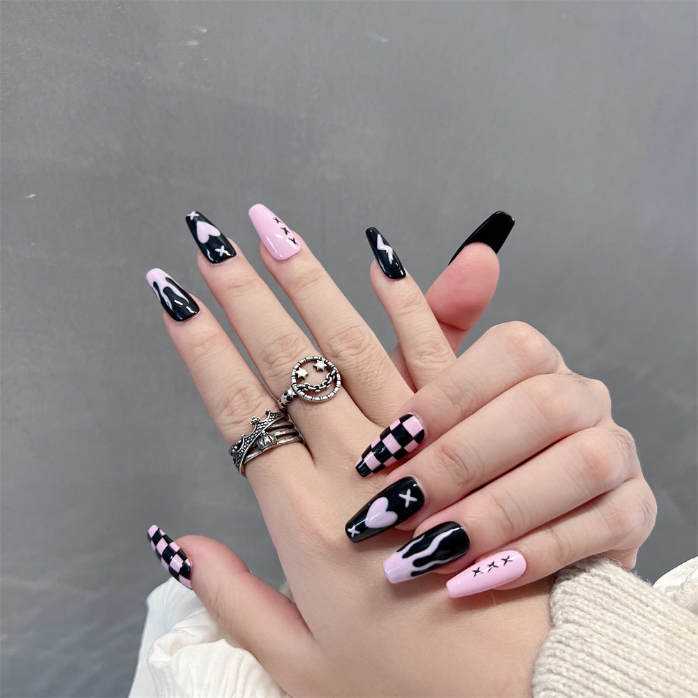 Pink and Black Halloween Nails Checkerboard Design