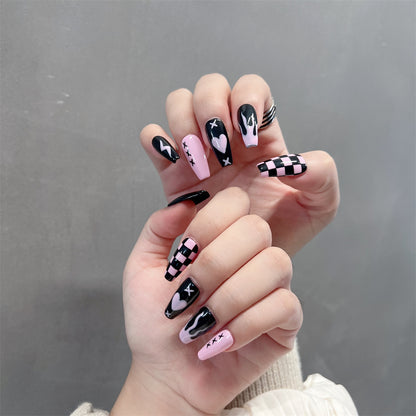 Pink and Black Halloween Nails Checkerboard Design