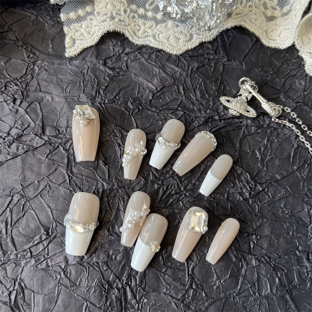 Nude Nails With Diamonds French Coffin Designs