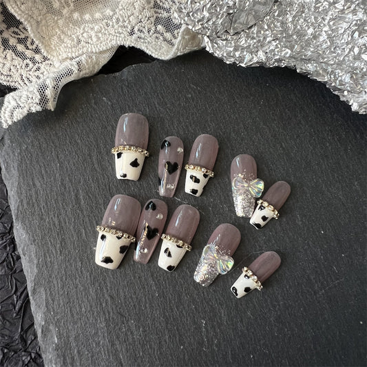 Cow Print Coffin Nails Cute With Diamonds