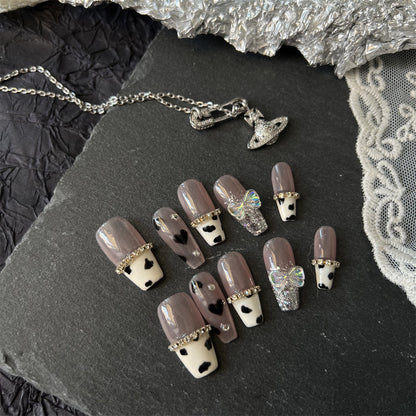 Cow Print Coffin Nails Cute With Diamonds