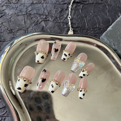 Cow Print Coffin Nails Cute With Diamonds