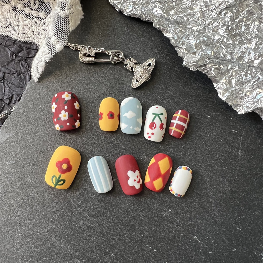 Cute Flower Nails Matte Burgundy Designs