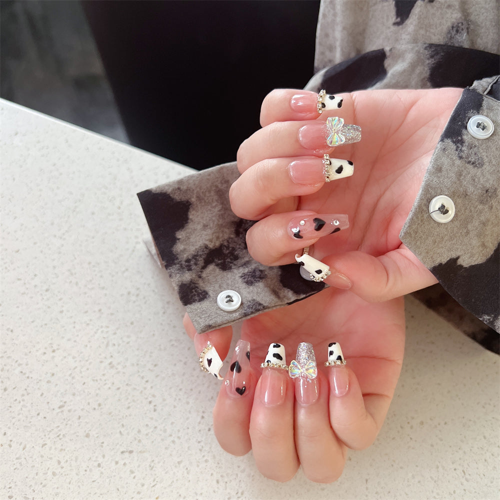 Cow Print Coffin Nails Cute With Diamonds