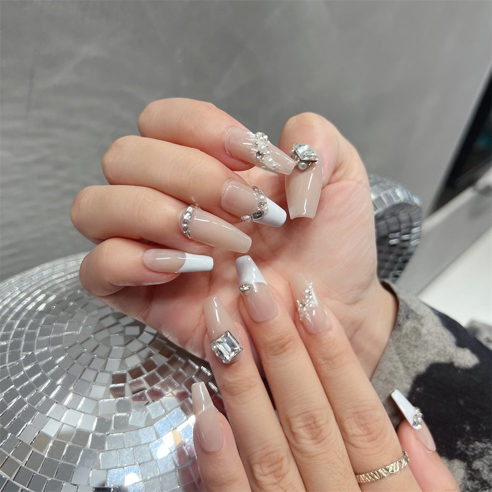 Nude Nails With Diamonds French Coffin Designs