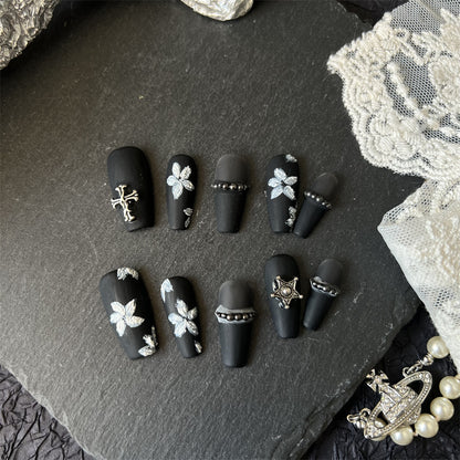 Press On Nails Black Matte Flowers Goth