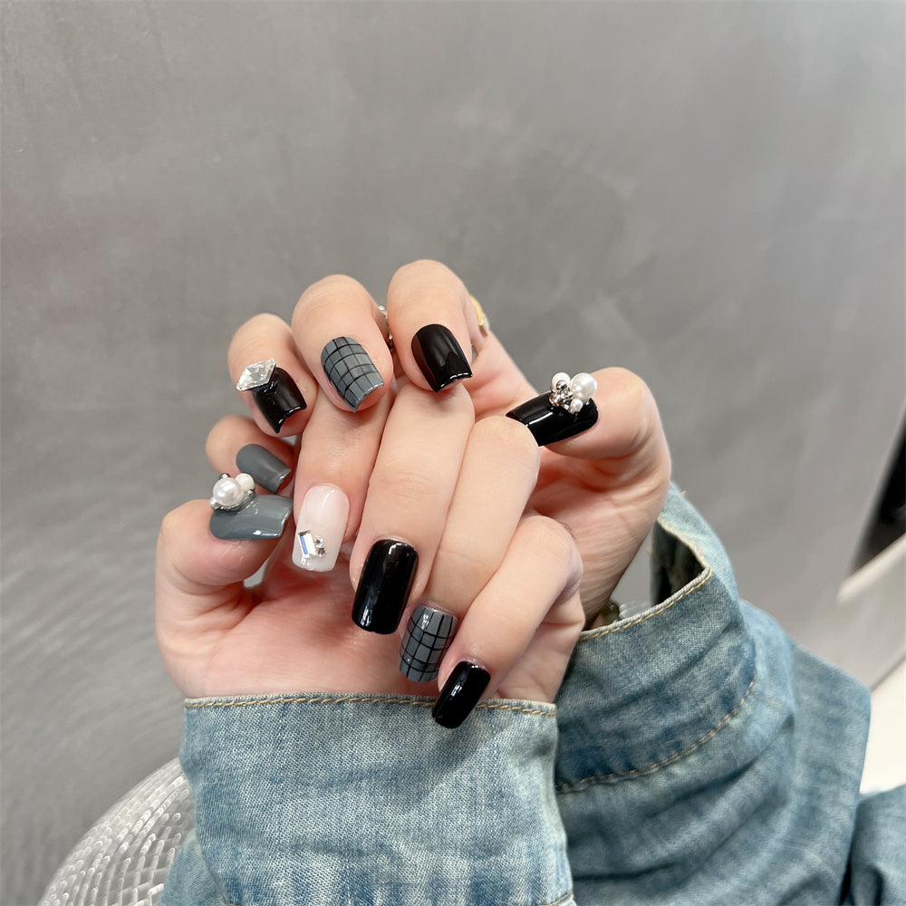 Black and Gray Nails Pearls Diamonds Medium Square