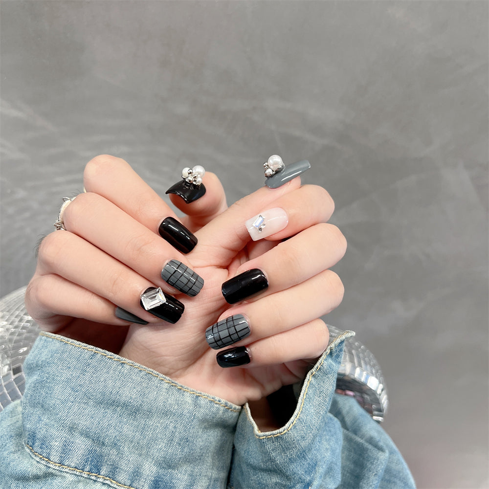 Black and Gray Nails Pearls Diamonds Medium Square