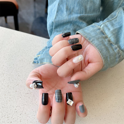 Black and Gray Nails Pearls Diamonds Medium Square