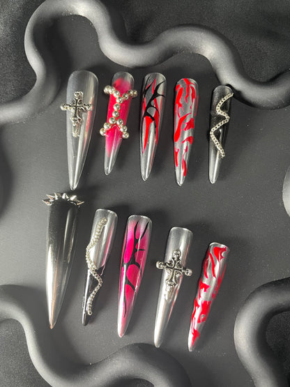 Abstract 3D Goth Stiletto Silver Ombre Nails