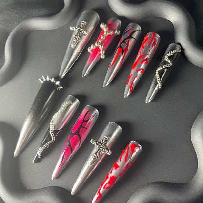 Abstract 3D Goth Stiletto Silver Ombre Nails