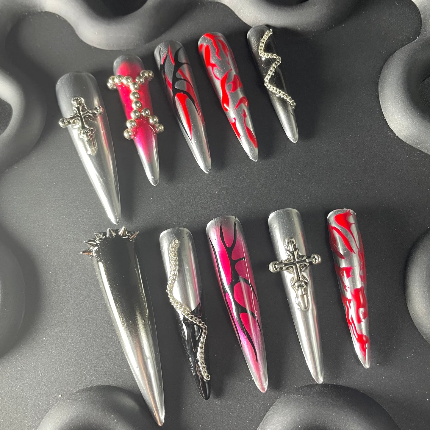 Abstract 3D Goth Stiletto Silver Ombre Nails