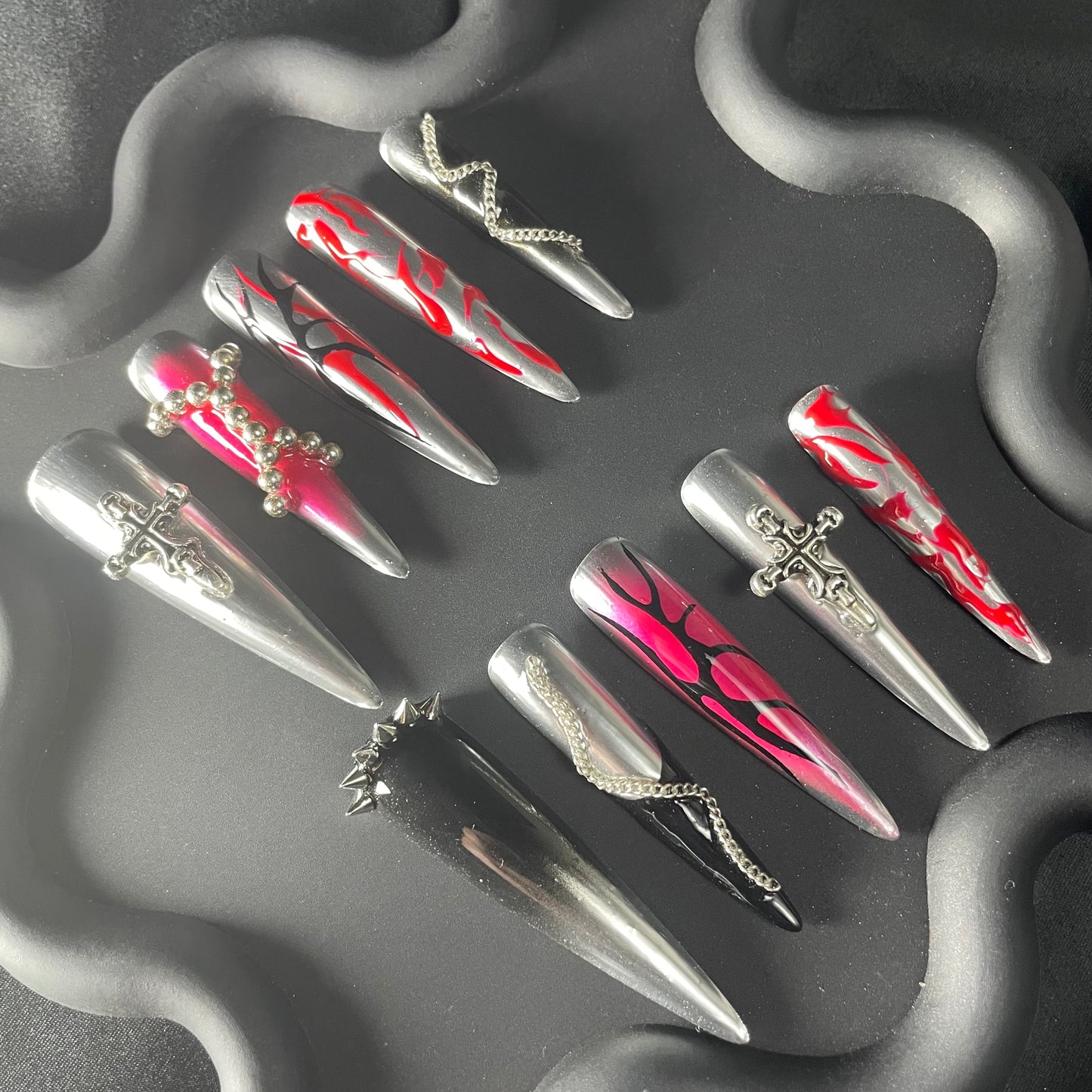 Abstract 3D Goth Stiletto Silver Ombre Nails