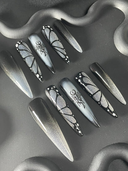 Butterfly Wing Stiletto Black Ombre Nails