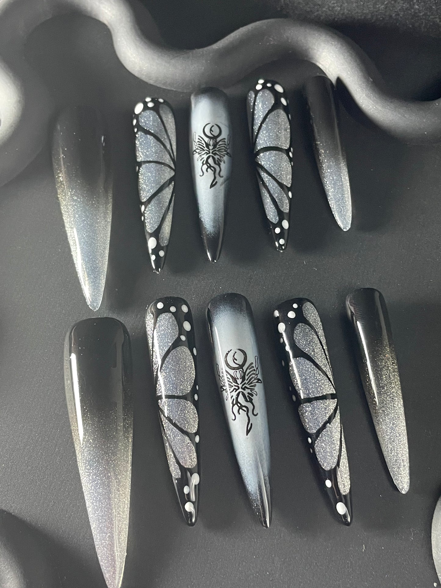 Butterfly Wing Stiletto Black Ombre Nails