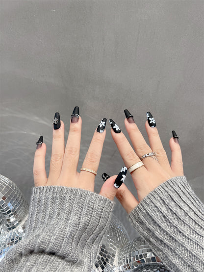 Press On Nails Black Matte Flowers Goth