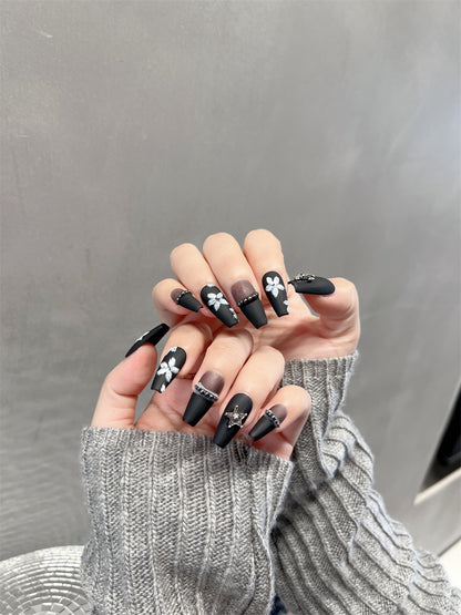 Press On Nails Black Matte Flowers Goth