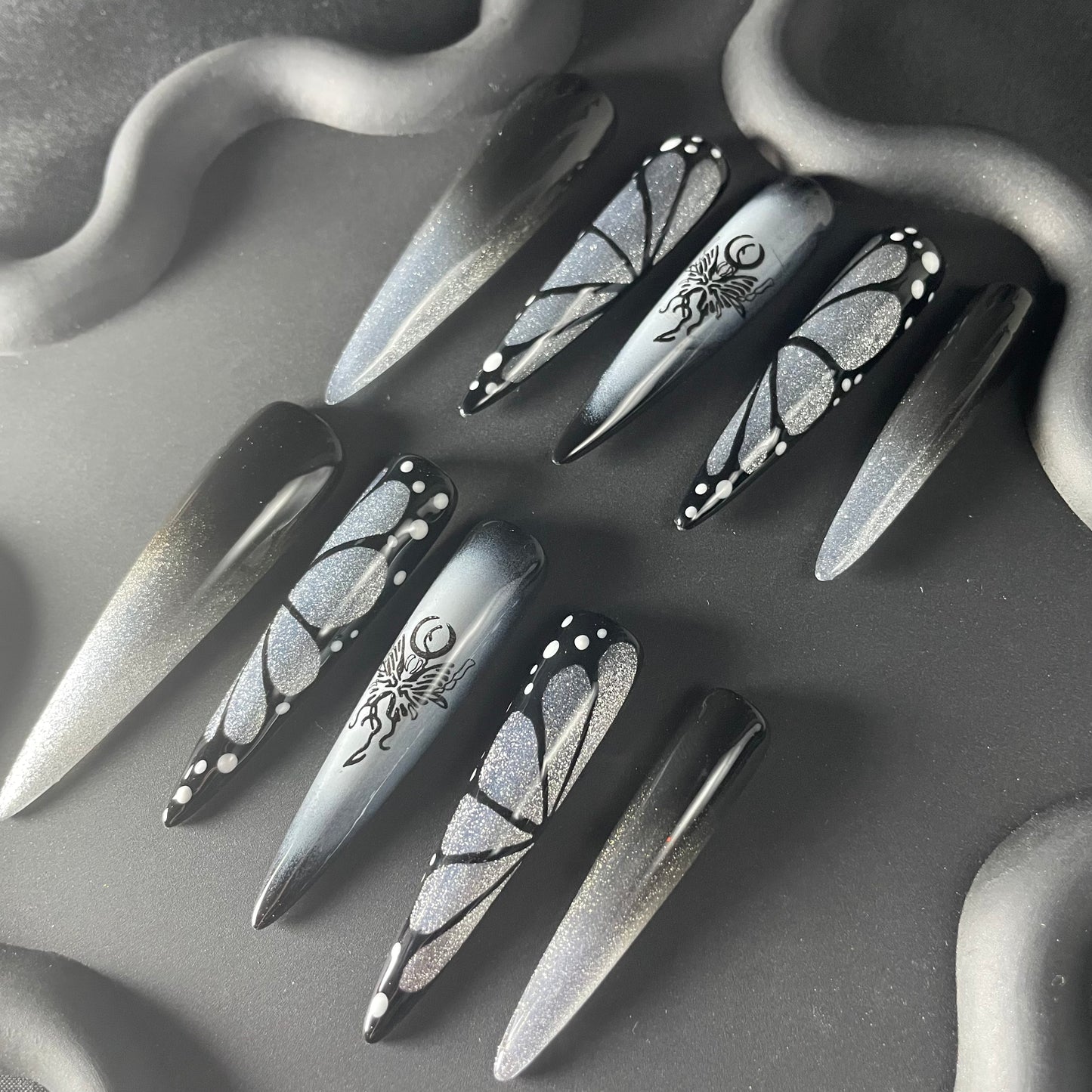 Butterfly Wing Stiletto Black Ombre Nails