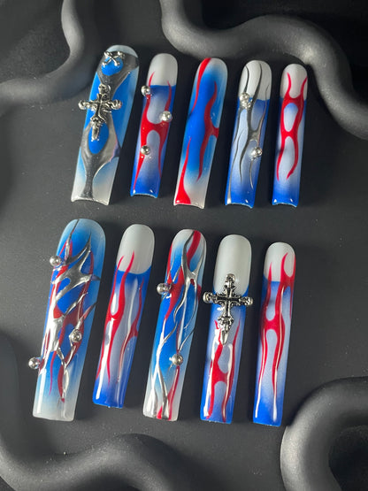 Abstract Flame French Coffin Blue Ombre Nails