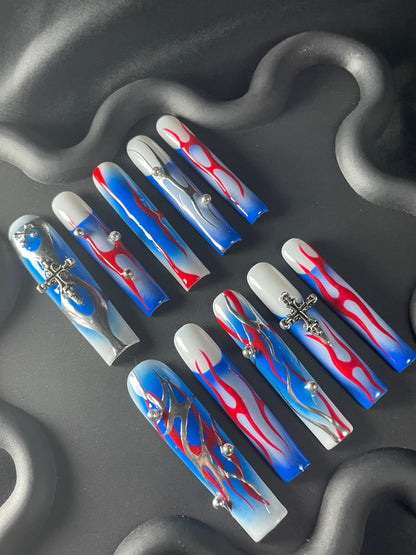 Abstract Flame French Coffin Blue Ombre Nails