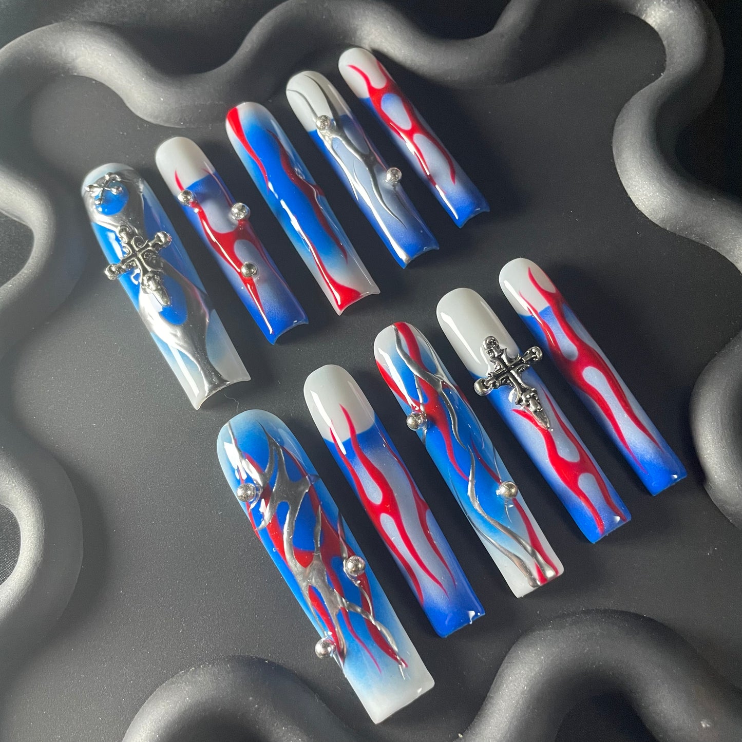 Abstract Flame French Coffin Blue Ombre Nails