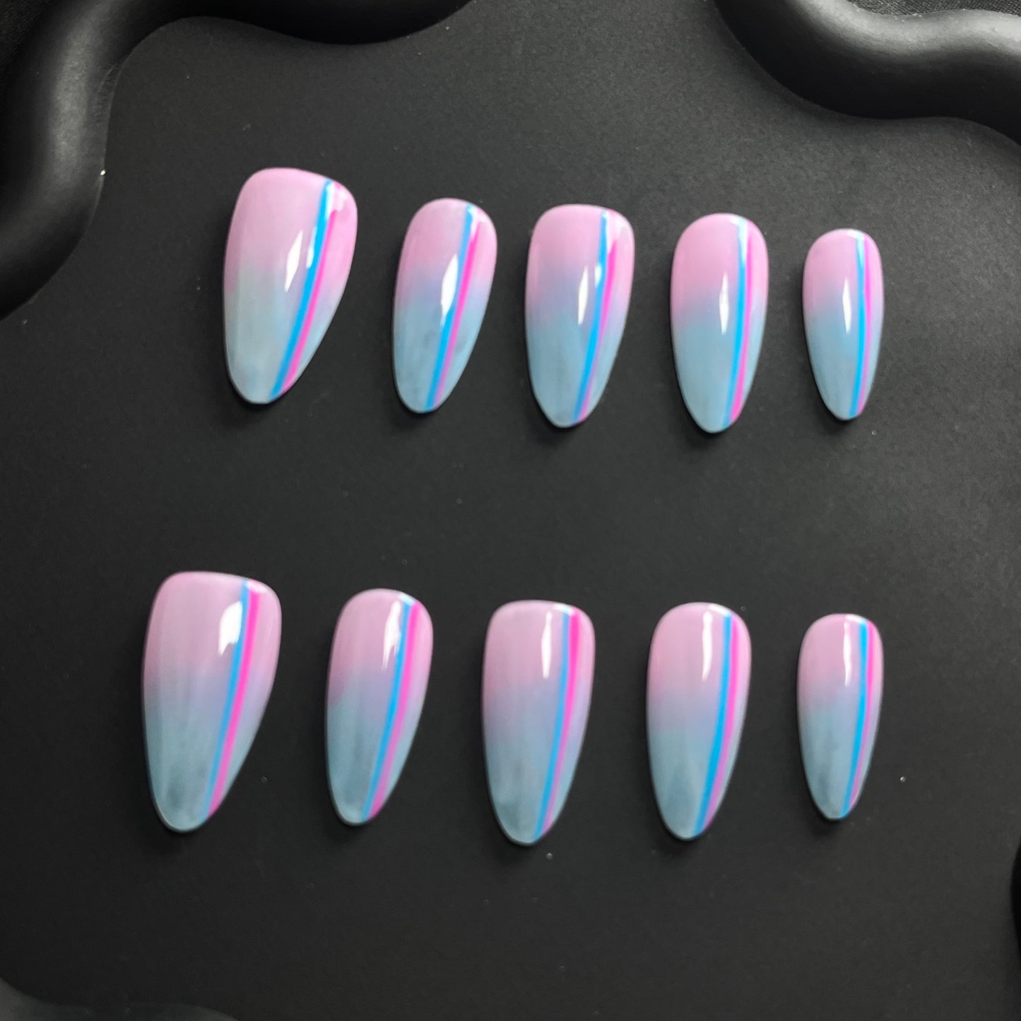 Double Line Almond Blue Ombre Nails