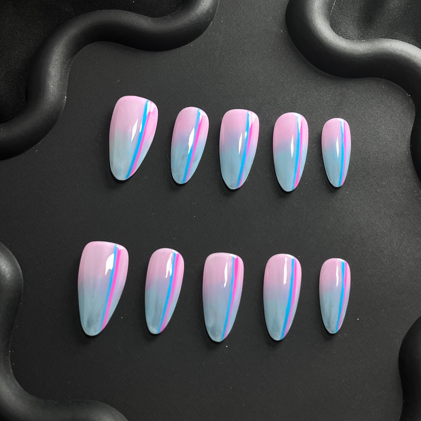 Double Line Almond Blue Ombre Nails