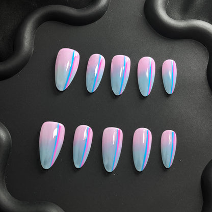 Double Line Almond Blue Ombre Nails