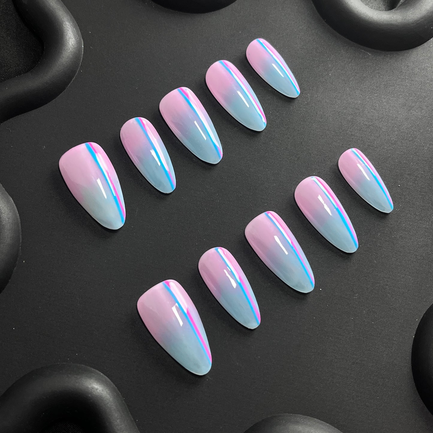 Double Line Almond Blue Ombre Nails