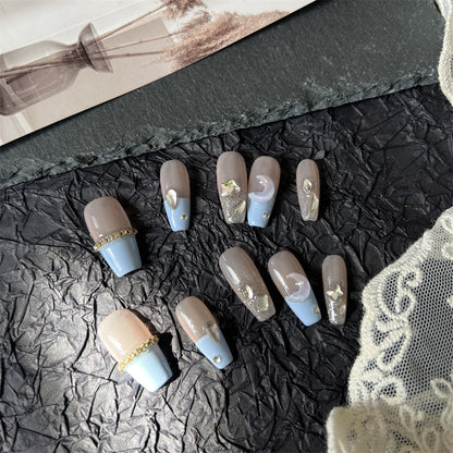 Blue French Nail Designs Rhinestone Coffin