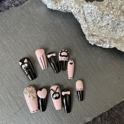 Nail Art Pink and Black Cartoon Y2K Coffin