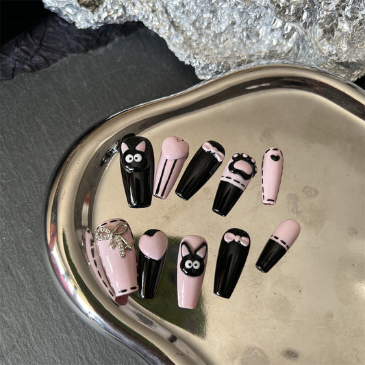 Nail Art Pink and Black Cartoon Y2K Coffin