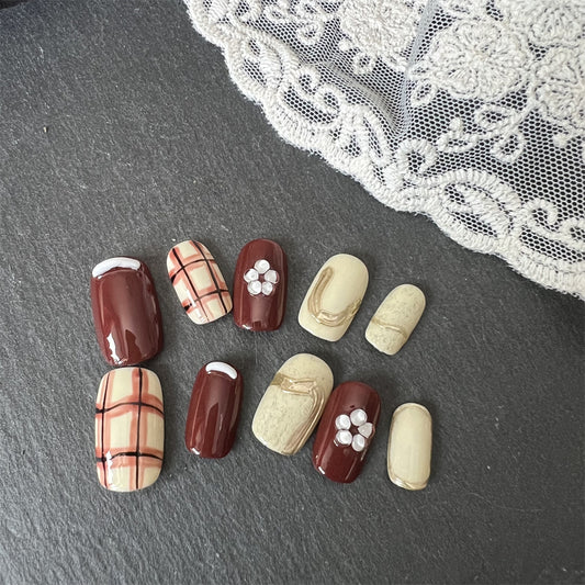 White and Brown Nails Plaid  Marble Designs