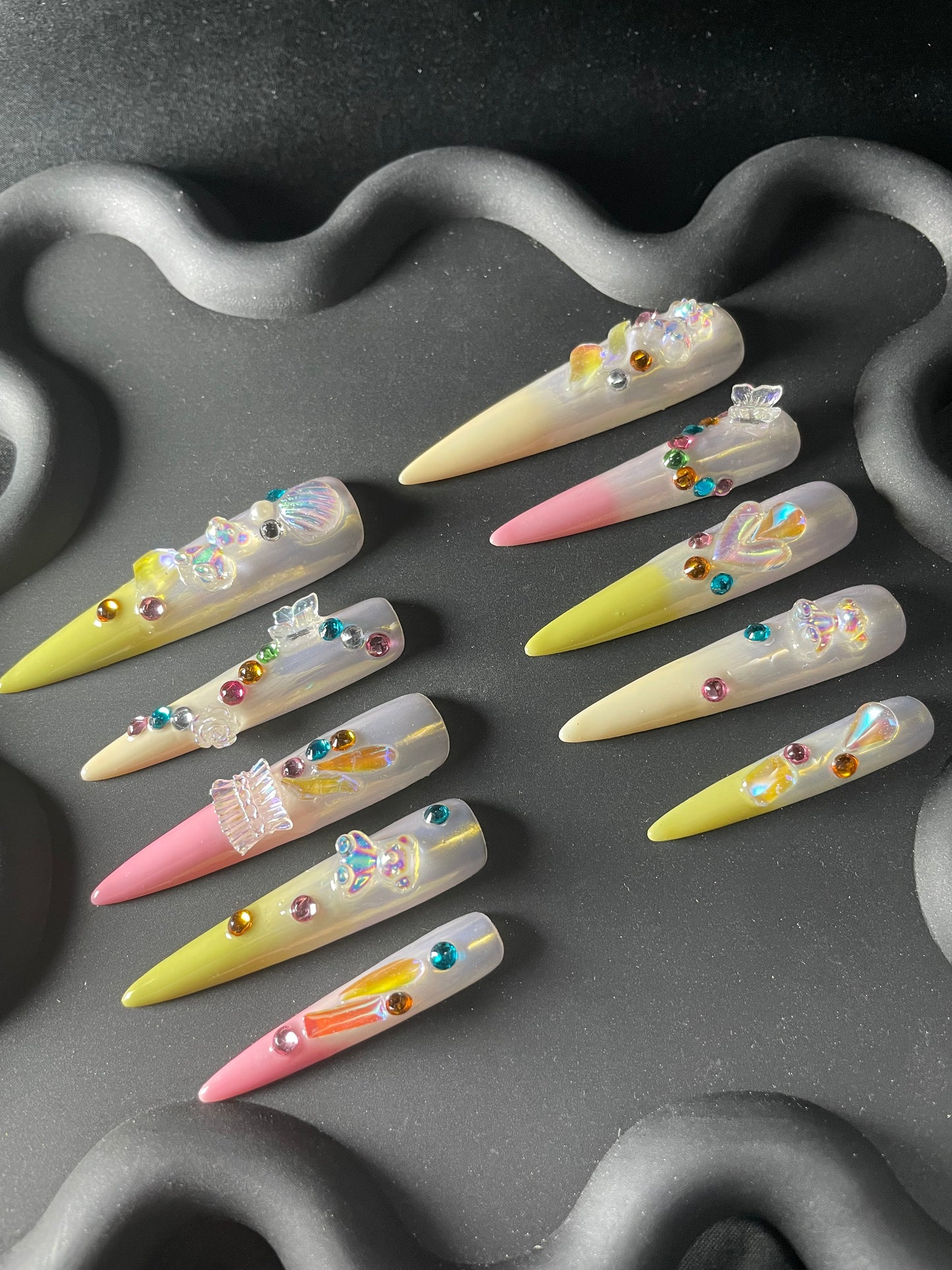 3D Rhinestone Glazed Stiletto Yellow Ombre Nails