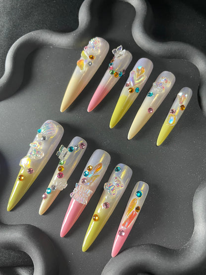 3D Rhinestone Glazed Stiletto Yellow Ombre Nails