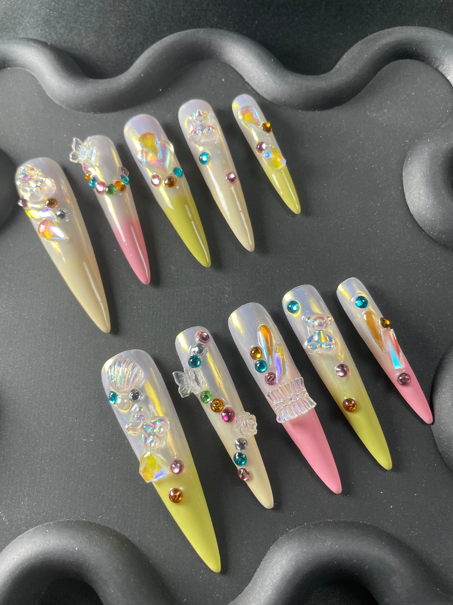 3D Rhinestone Glazed Stiletto Yellow Ombre Nails