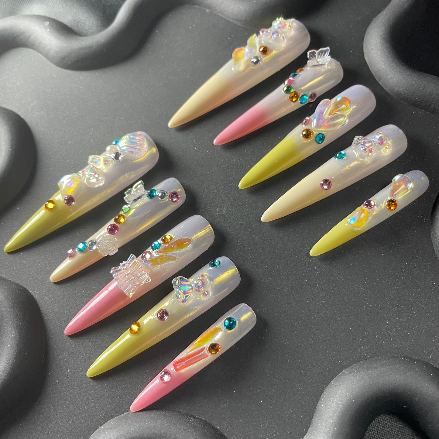 3D Rhinestone Glazed Stiletto Yellow Ombre Nails