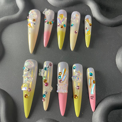 3D Rhinestone Glazed Stiletto Yellow Ombre Nails