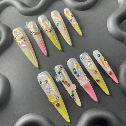 3D Rhinestone Glazed Stiletto Yellow Ombre Nails